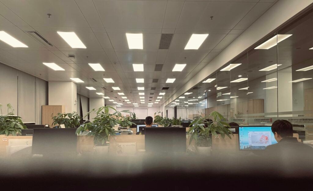 Open-plan office with overhead lighting